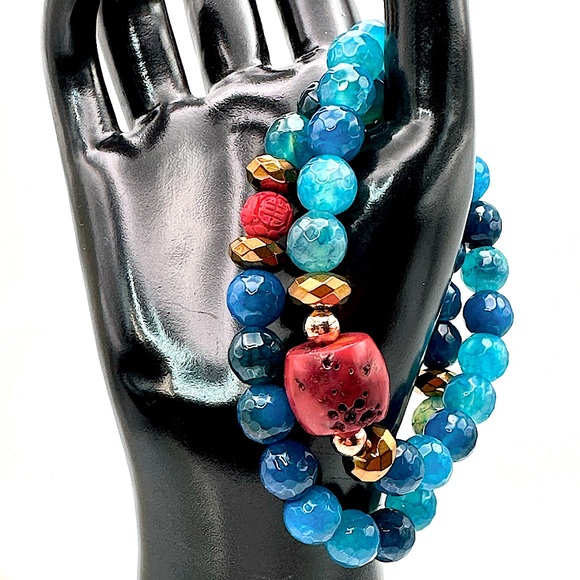 RED CORAL + DRAGON VEINS AGATE NATURAL STONES BRACELET size 7”,8” - Picture 4 of 13